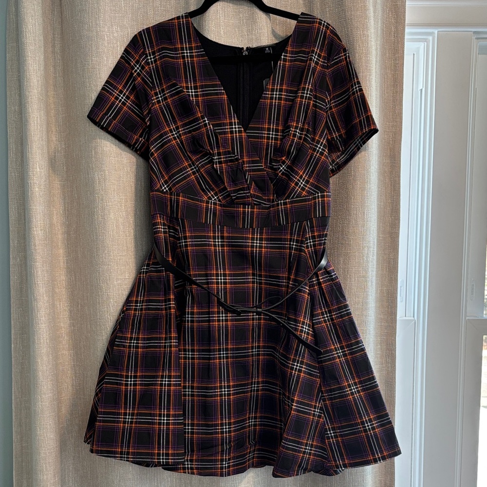 Size 14 Torrid Retro chic surplice mini dress fall plaid black purple orange NWT